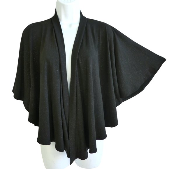 Vintage Black Evening Glittery Jacket Shawl Butterfly Sleeve Open Front Flowy US - Picture 2 of 6